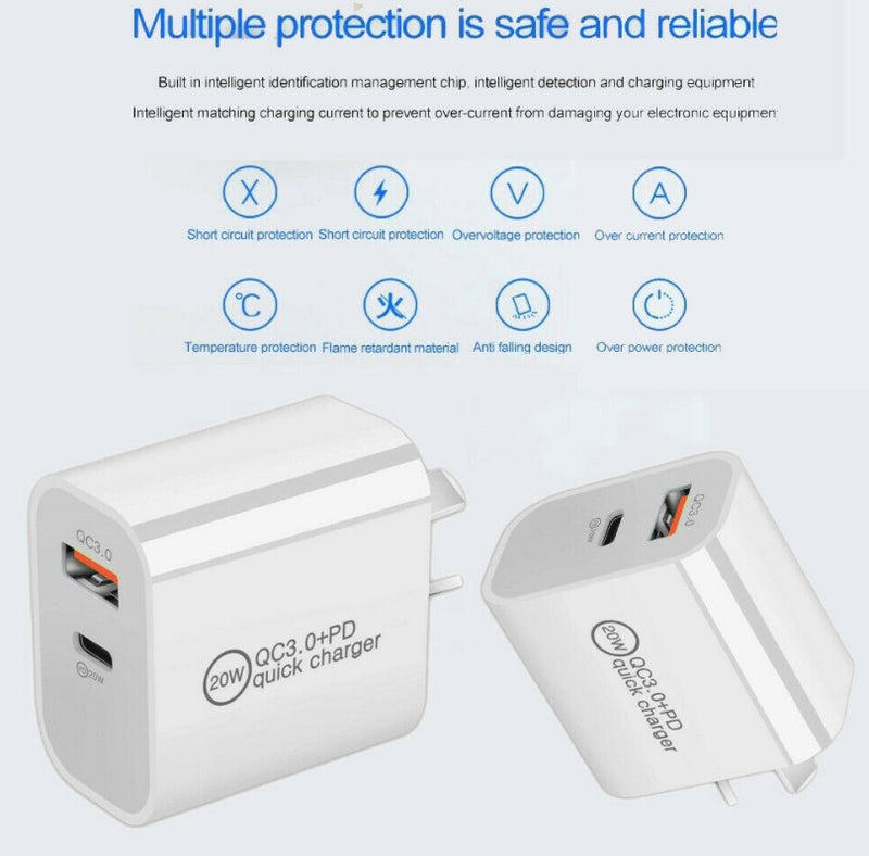 20W DUAL USB-C Type C Fast Wall Charger Adaptor QC3.0 For Android iPhone iPad AU